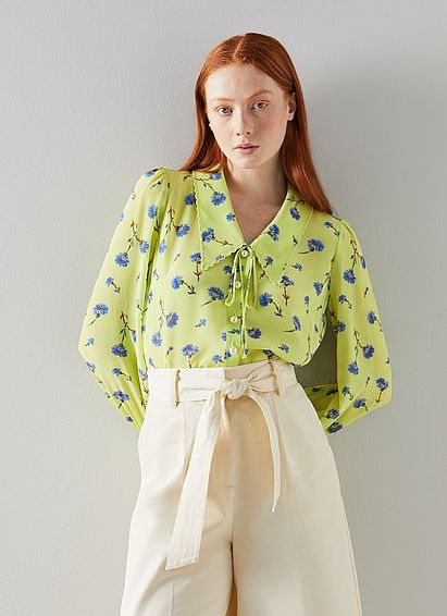 Beecham Lime Cornflower Print Scallop Collar Silk Blouse