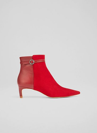 Alma Red Suede and Leather Buckle-Detail Ankle Boots