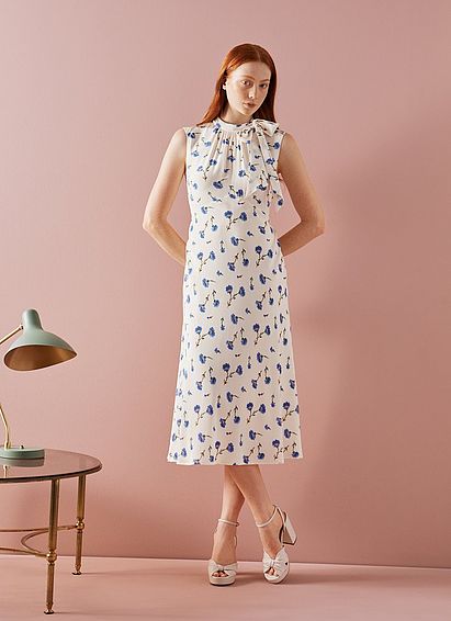 Vali Cream Cornflower Print Tie Neck Silk Dress