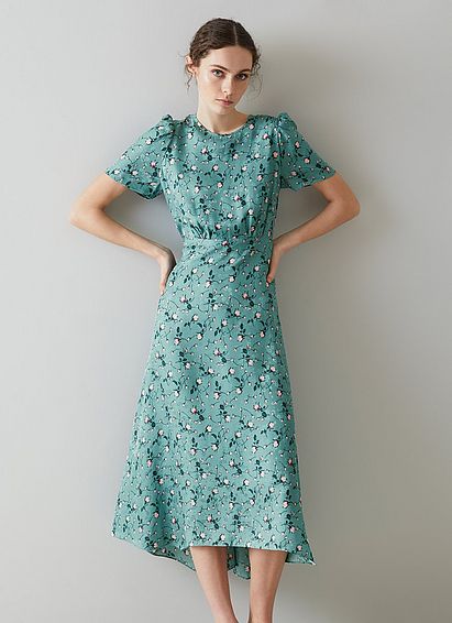 Boyd Teal Silk Jacquard Scattered Rose Print Dress