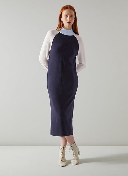 Bergen Navy Merino-Blend Colour Block Jumper Dress