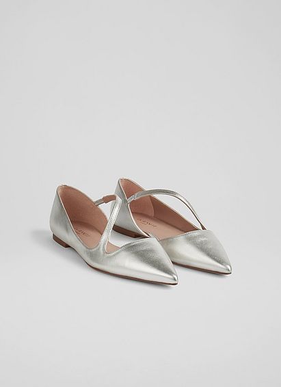 Pandora Silver Leather Asymmetric Strap Flats