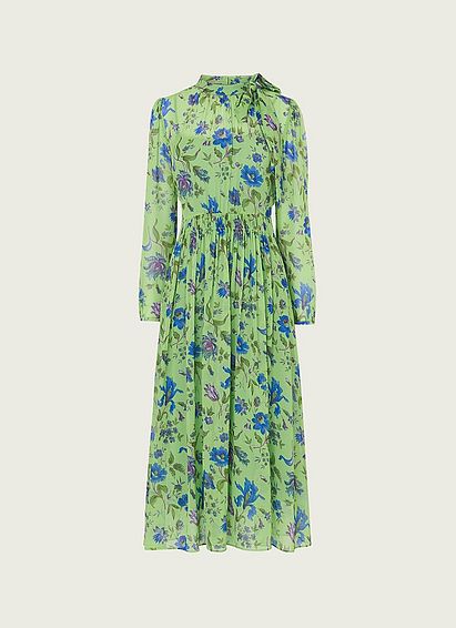 Gish Green Romance Floral Print Tie Neck Silk Dress