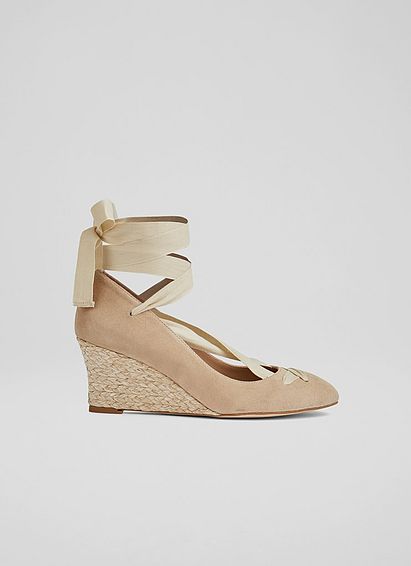 Drina Beige Suede Crossover Strap Espadrille Wedges