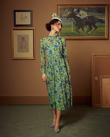 Gish Green Romance Floral Print Tie Neck Silk Dress