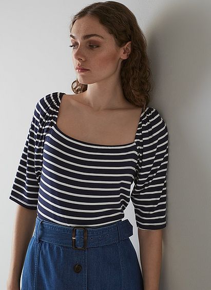 Maddie Navy and Cream Stripe Ecovero? Square Neck Top