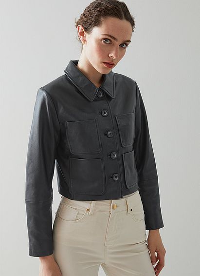 Aubree Black Leather Cropped Jacket