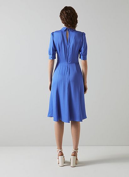 Esme Blue Crepe Crystal Button Tea Dress