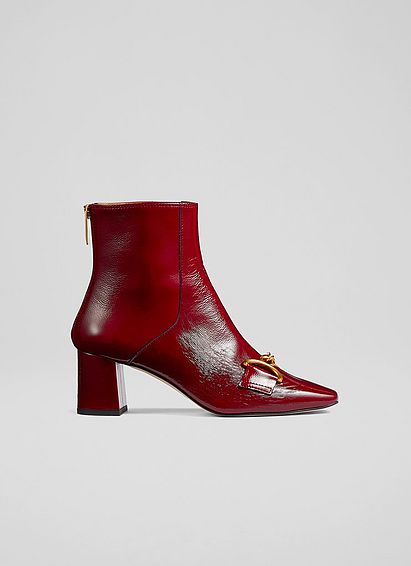 Nadina Red Crinkle Patent Leather Snaffle-Detail Ankle Boots