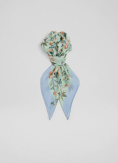 Blossom Mint and Blue Apple Blossom Print Silk Scarf