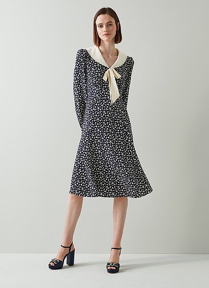 Brix Navy and Cream Fruity Floral Scallop Collar Silk Dress