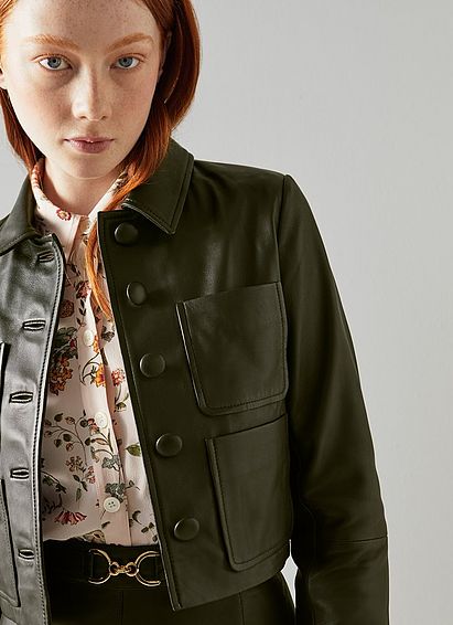 Aubree Dark Green Leather Cropped Jacket