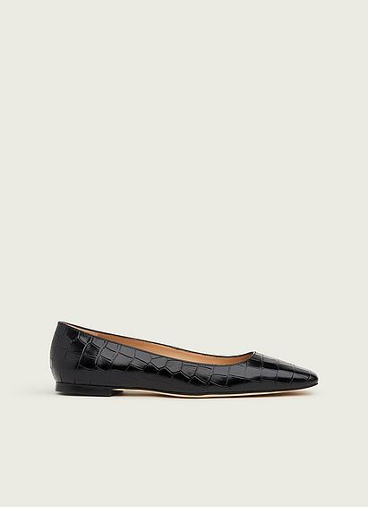 Phyllis Black Croc-Effect Leather Flats