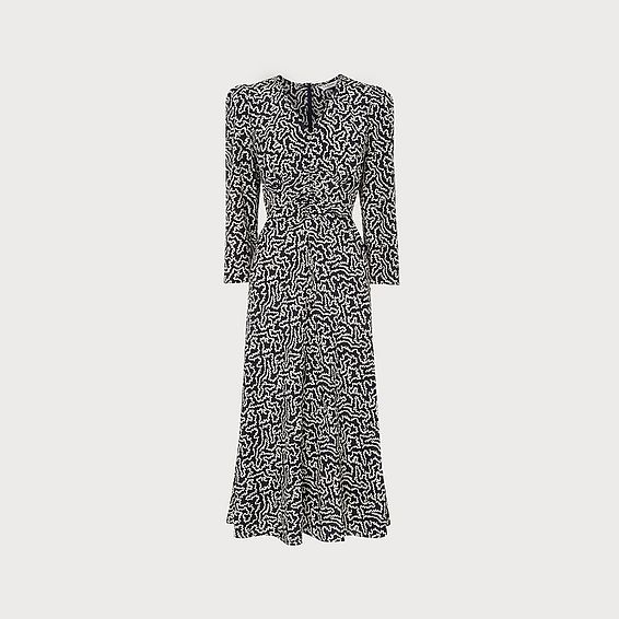 Gabrielle Navy and Cream Coral Print Stretch Silk Dress