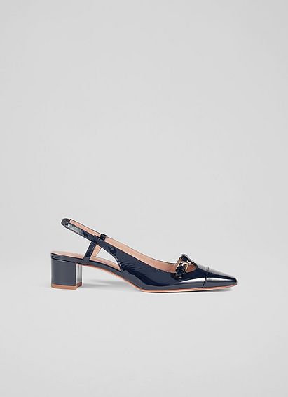Gracie Navy Patent Block Heel Slingbacks