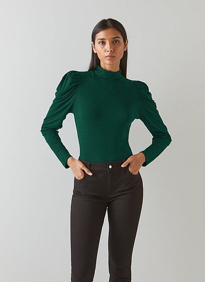 Cora Green Jersey Puff Sleeve Turtle Neck Top