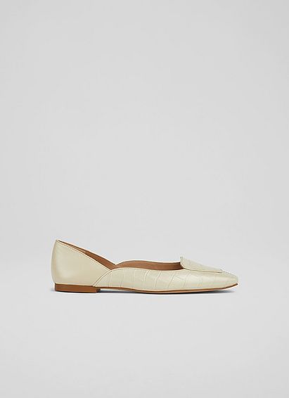 Willow Cream Croc-Effect Leather Square Toe Flats