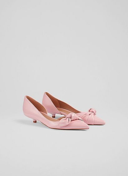 Lily Pink Leather Bow Front Kitten Heel Courts