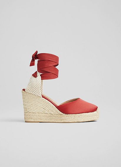Esmerelda Red Satin Espadrille Wedges