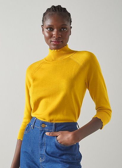 Betty Yellow Merino Wool Scallop Edge Jumper