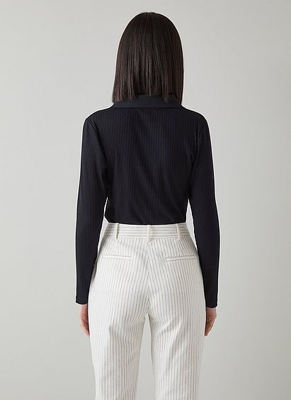 Diana Black Ribbed Jersey Open Collar Top