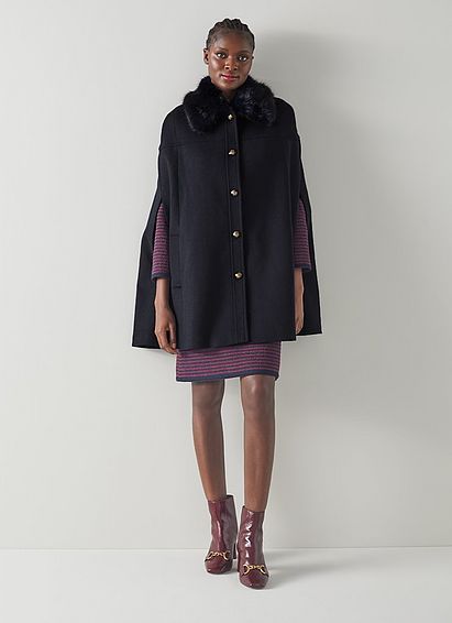 Myrtle Navy Recycled Wool-Blend Faux Fur Cape