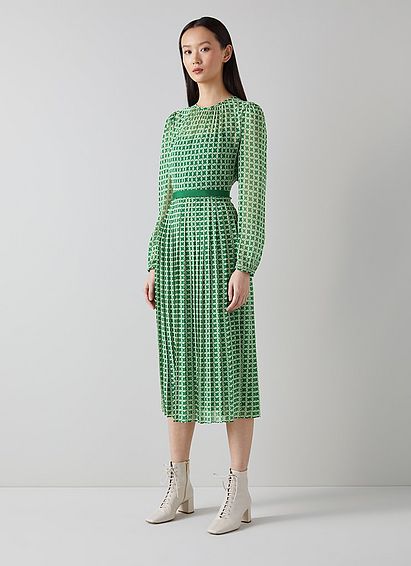 Avery Green and Cream Basket Print Pleated Midi Dress