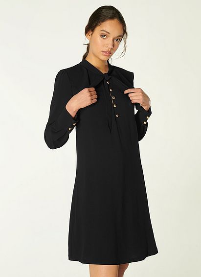 Millie Black Crepe Frill Collar Tunic Dress