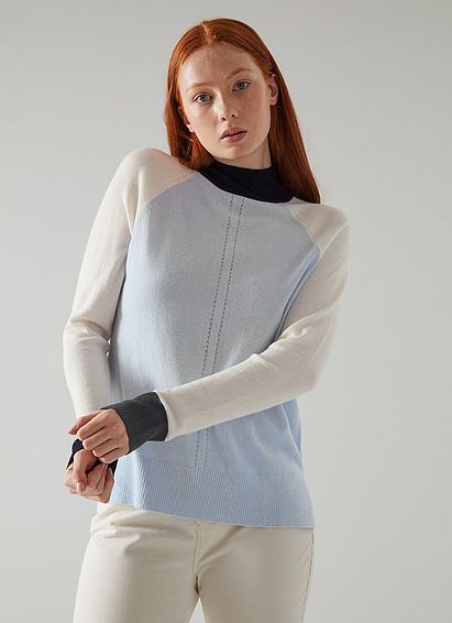 Bergen Pale Blue Merino-Blend Colour Block Jumper