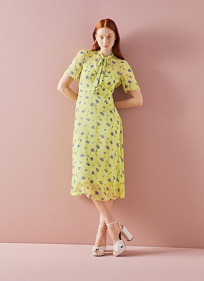 Sina Lime Cornflower Print Silk-Blend Devor�� Dress