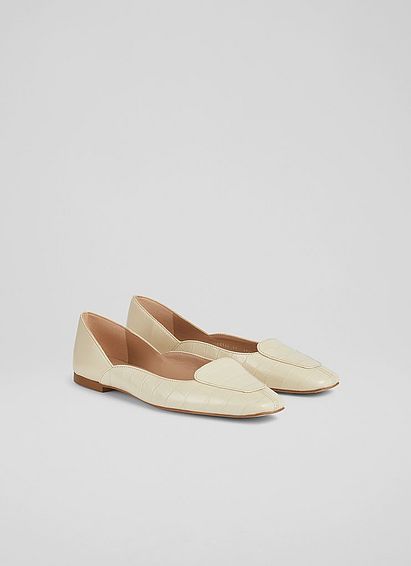 Willow Cream Croc-Effect Leather Square Toe Flats