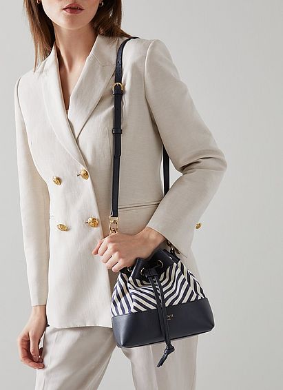 Eloise Navy and Cream Fabric Chevron Bucket Bag