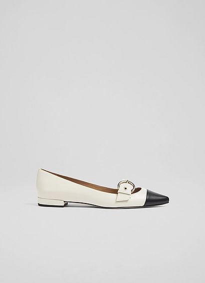 Milly Black and Cream Leather Buckle Detail Flats