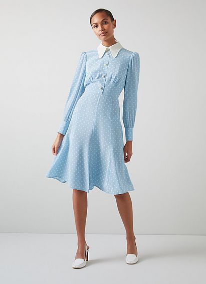 Mathilde Blue & White Polka Dot Silk Tea Dress