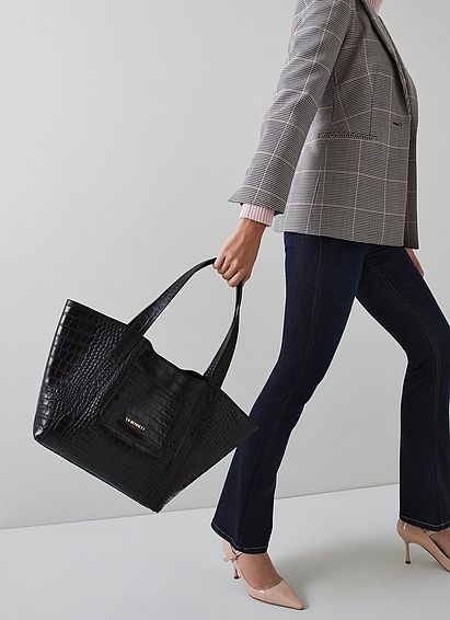 Adeline Black Croc-Effect Leather Large Tote Bag