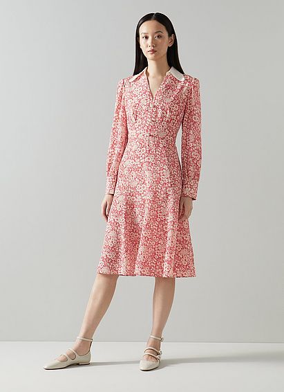 Flo Red Marguerite Print Contrast Collar Silk Dress