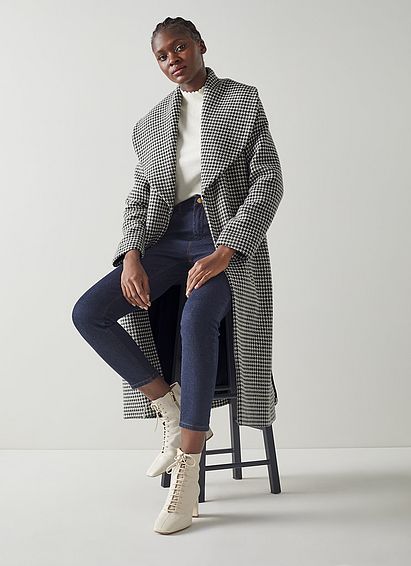 Manon Navy And Cream Houndstooth Wool-Blend Coat