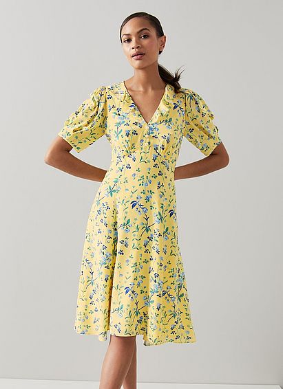 Pami Yellow Apple Blossom Print Silk Dress