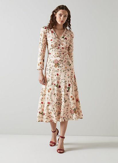 Gabrielle Cream Camelia Print Silk Midi Dress