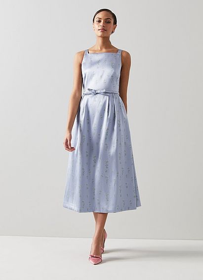 Rosalind Blue Satin Floral Jacquard Dress