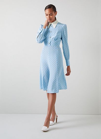 Mathilde Blue & White Polka Dot Silk Tea Dress