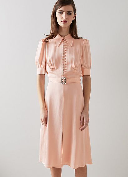 Amor Pink Satin Crepe Crystal Belt Dress