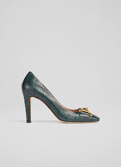 Gianna Sea Green Croc-Effect Leather Snaffle-Detail Courts