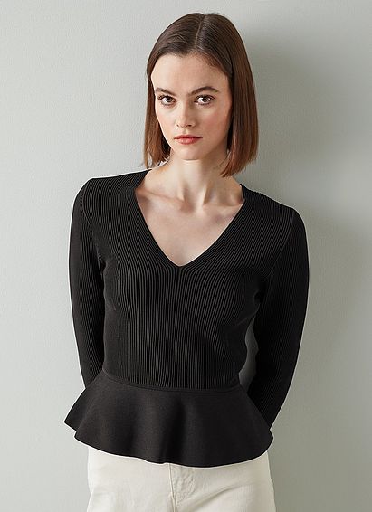 Louise Black Ribbed Knit Peplum Jumper