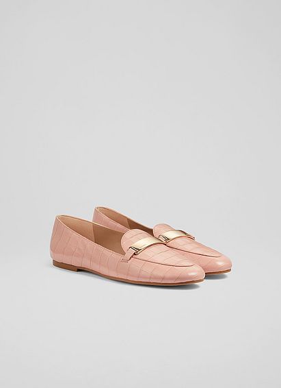 Primrose Pink Croc-Effect Leather Loafers