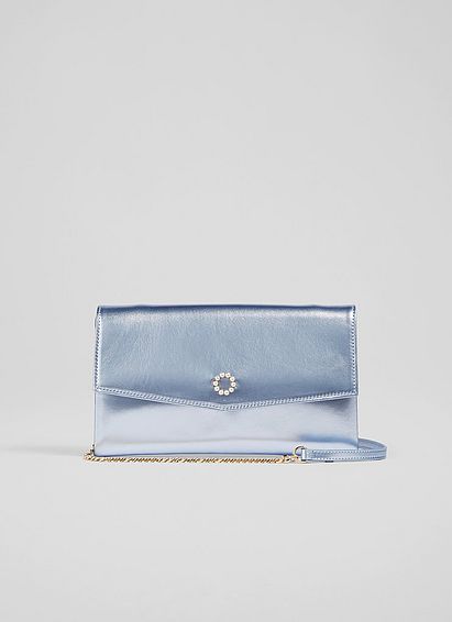 Mason Ice Blue Metallic Leather Clutch Bag
