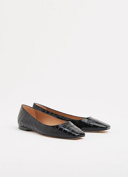 Phyllis Black Croc-Effect Leather Flats