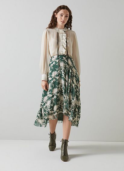 Krasner Green Chrysanthemum Print Georgette Skirt