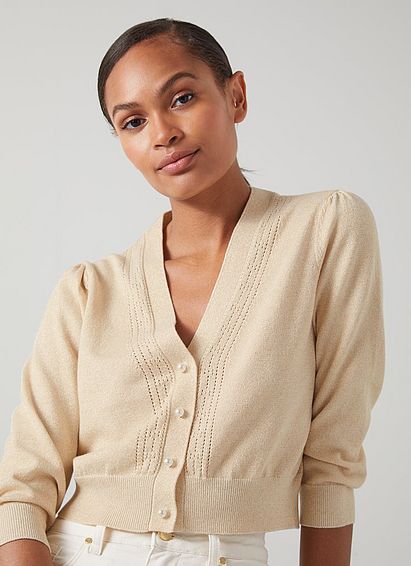 Leonora Champagne Cotton-Wool Pointelle Trim Cardigan