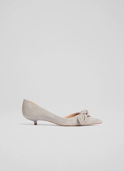 Lily Grey Suede Bow Front Kitten Heel Courts